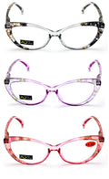 3 Pairs Lot Women Cateye Translucent Clear Floral Pattern Fashion Reading Glasse