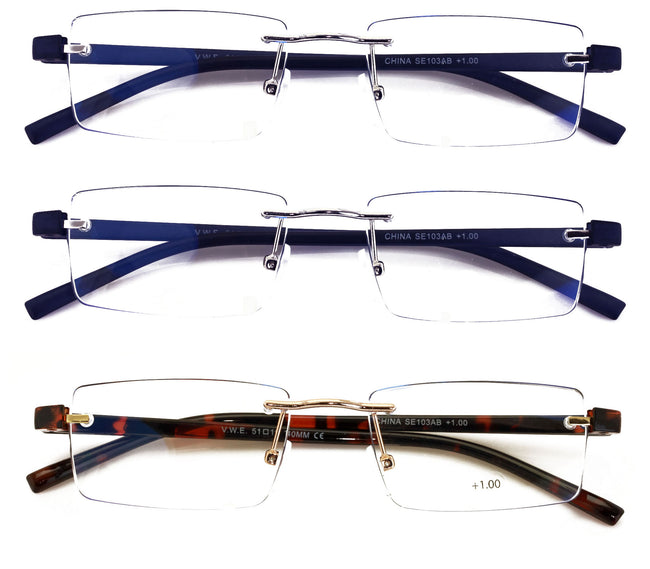 3 Pairs Lightweight Rimless Reading Glasses Metal with Flexi Temple Anti Blue UV