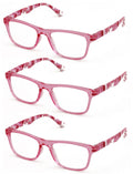 3 Pairs Women Pink Camouflage Rectangular Reading Glasses - Clear Lens Reader