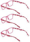 3 Pairs Women Pink Camouflage Rectangular Reading Glasses - Clear Lens Reader