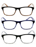 3 Pairs Comfortable Spring Hinge Readers - Clear Lens Rectangle Reading Glasses