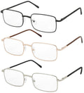 3 Pairs Rectangle Metal Reading Glasses Spring Hinge Lightweight Unisex Readers - Vision World