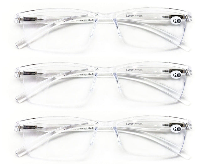3 Pairs Lightweight Transparent Clear Lens Rectangular Readers with Spring Hinge