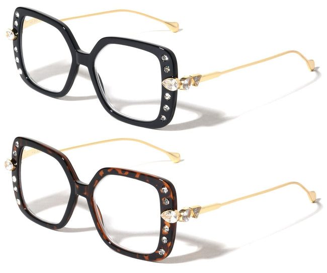 2 Pairs Women Butterfly Square Rhinestones Gold Metal Temple Reading Glasses