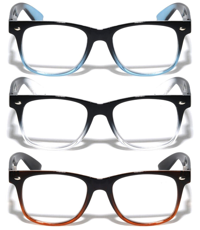 3 Pairs Classic 2 Tone Reading Glasses - Unisex Comfortable Clear Lens Reader