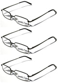 3 Pairs Slim Metal Rectangular Reading Glasses Spring Hinge High Power Reader - Vision World