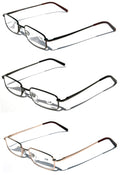 3 Pairs Slim Metal Rectangular Reading Glasses Spring Hinge High Power Reader - Vision World