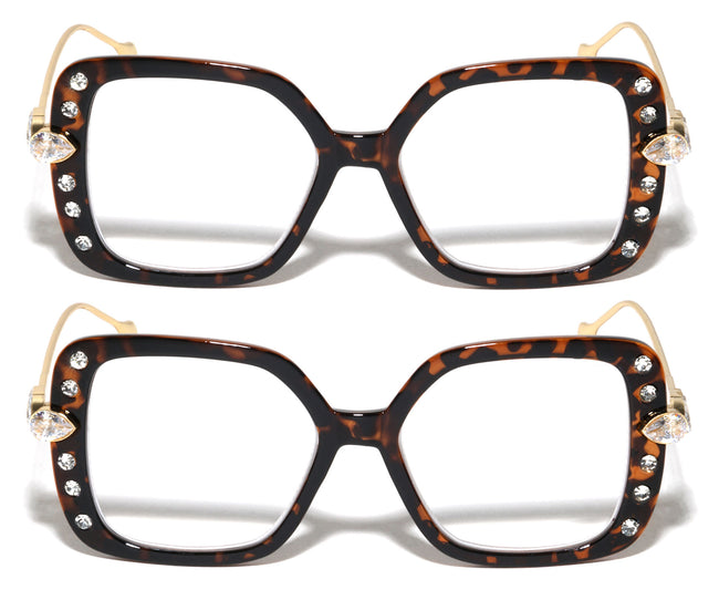 2 Pairs Women Butterfly Square Rhinestones Gold Metal Temple Reading Glasses