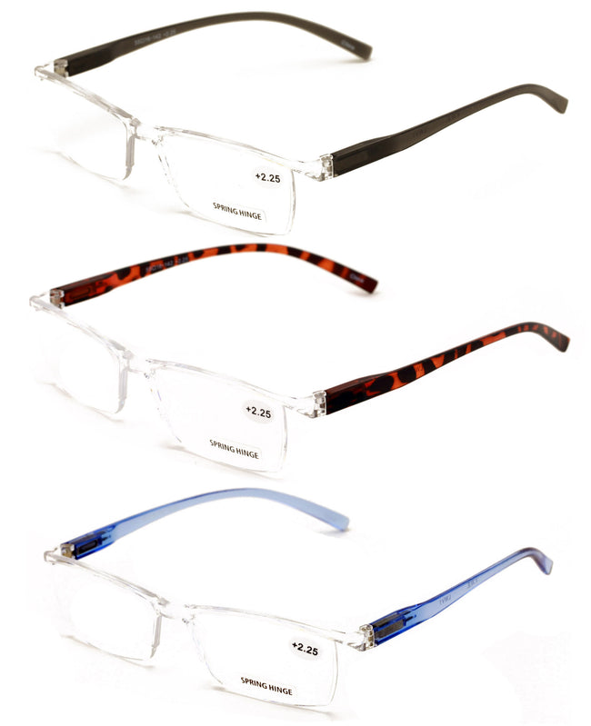 3 Pairs Lightweight Transparent Clear Lens Rectangular Readers with Spring Hinge