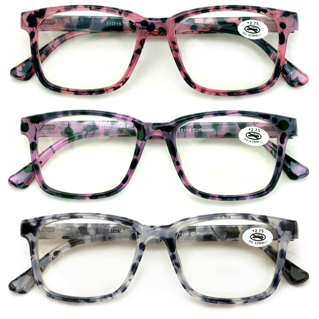 3 Pairs Women’s Reading Glasses – Clear Full-Magnification Lenses, Spring Hinges