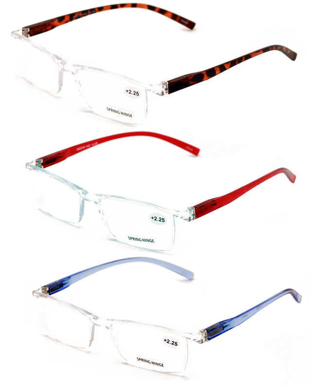3 Pairs Lightweight Transparent Clear Lens Rectangular Readers with Spring Hinge
