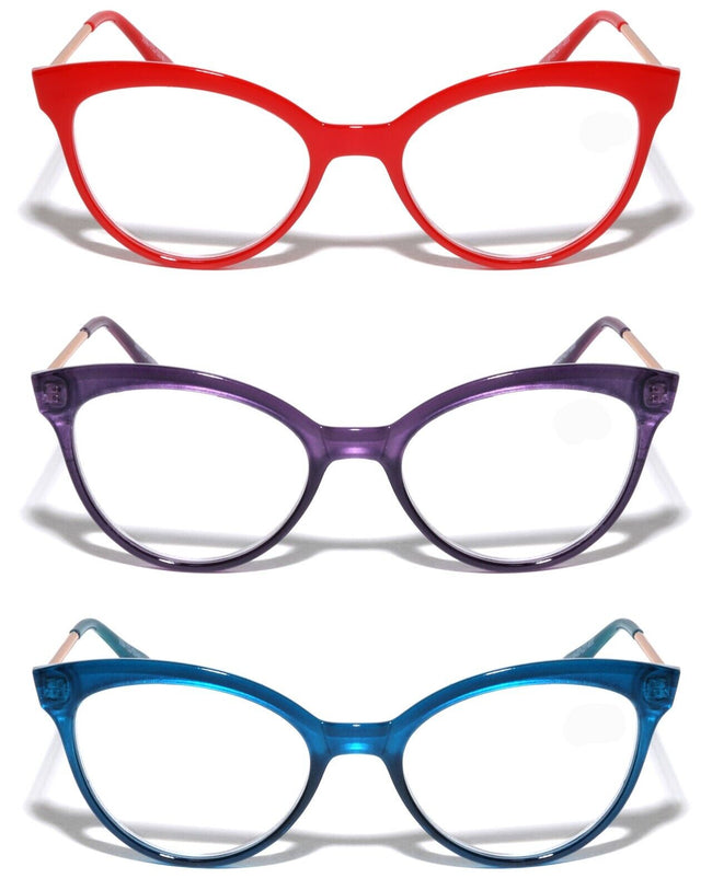3 Pairs Women Cateye Pointed Tip Reading Glasses Metal Temple Clear Readers Red