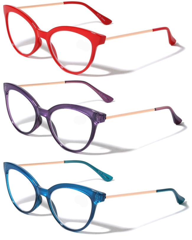 3 Pairs Women Cateye Pointed Tip Reading Glasses Metal Temple Clear Readers Red