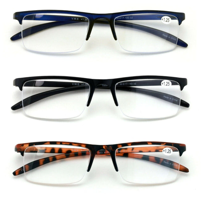 3 Pair Half Rim Rectangular Readers Spring Hinge Extended Temple Reading Glasses - Vision World