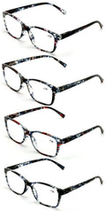 4 Pairs of Women Rectangular Translucent Marble Reading Glasses - Spring Hinge