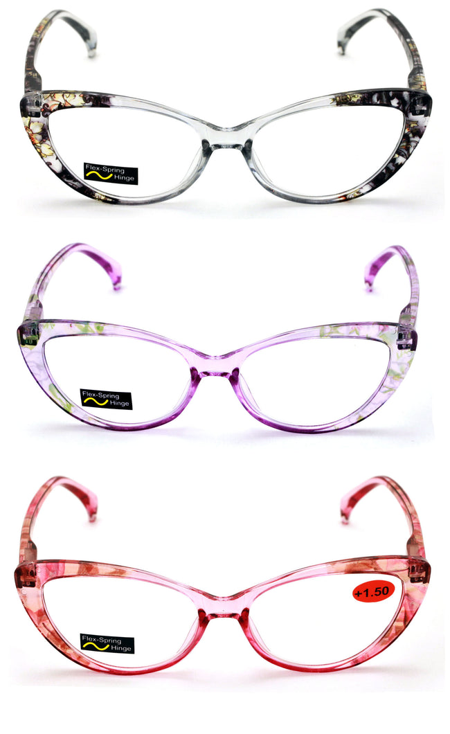 3 Pairs Lot Women Cateye Translucent Clear Floral Pattern Fashion Reading Glasse