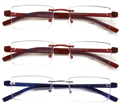 3 Pairs Lightweight Rimless Reading Glasses Metal with Flexi Temple Anti Blue UV
