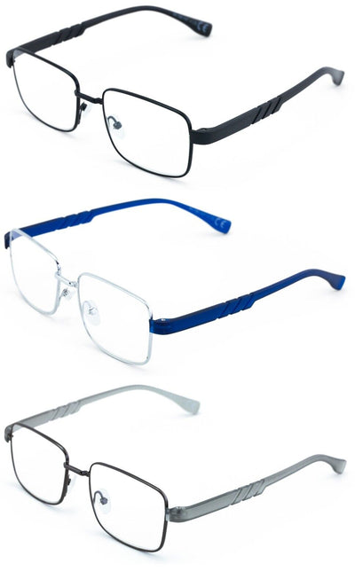 3 Pairs Men Metal Lightweight Reading Glasses - TR90 Temple Square Reader Clear