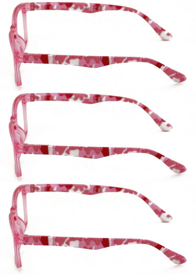 3 Pairs Women Pink Camouflage Rectangular Reading Glasses - Clear Lens Reader