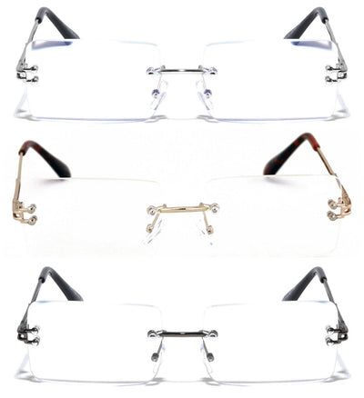 3 Pairs Men Rimless Reading Glasses Modern Rectangular Fashion Clear Lens Reader