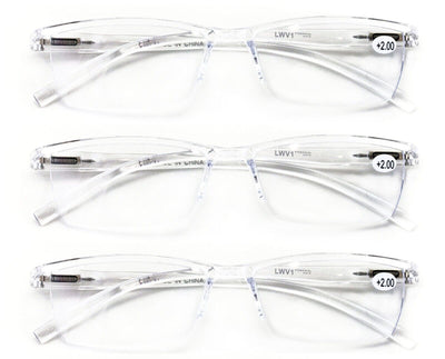3 Pairs Lightweight Transparent Clear Lens Rectangular Readers with Spring Hinge