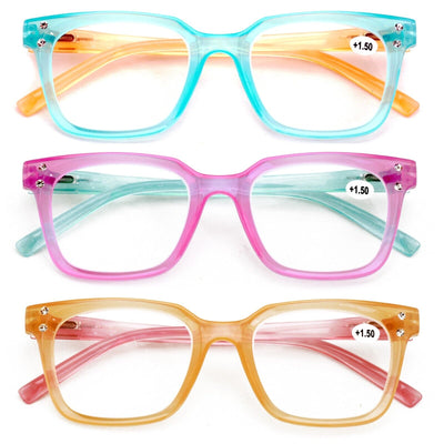 3 Pairs Women Translucent Pastel 2-Tones Reading Glasses Rhinestones Reader DR06 - Vision World
