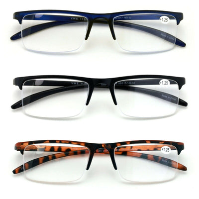 3 Pair Half Rim Rectangular Readers Spring Hinge Extended Temple Reading Glasses - Vision World