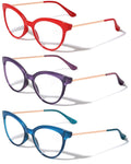 3 Pairs Women Cateye Pointed Tip Reading Glasses Metal Temple Clear Readers Red