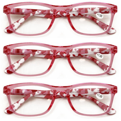 3 Pairs Women Pink Camouflage Rectangular Reading Glasses - Clear Lens Reader