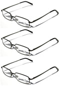 3 Pairs Slim Metal Rectangular Reading Glasses Spring Hinge High Power Reader