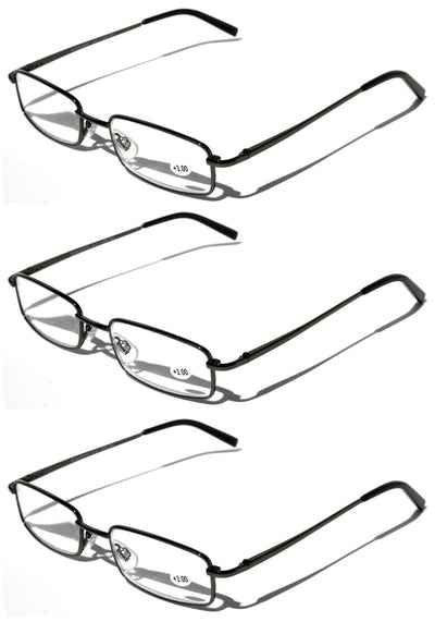 3 Pairs Slim Metal Rectangular Reading Glasses Spring Hinge High Power Reader