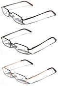 3 Pairs Slim Metal Rectangular Reading Glasses Spring Hinge High Power Reader