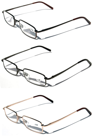 3 Pairs Slim Metal Rectangular Reading Glasses Spring Hinge High Power Reader