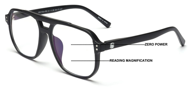 Square Large Progressive Anti-Blue Reading Glasses Zero Power on top - no bubble