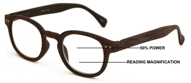 Progressive Multifocus Round Reading Glasses – Tri-Focal Clear Reader - Wood Gra