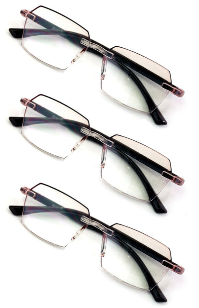 3 Pairs of Rimless Hexagon lightly tinted anti-blue reading glasses - UV Protect
