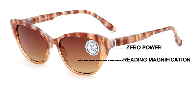 Women Progressive Reading Sunglasses - Tinted Cateye Reader - Zero Power on Top