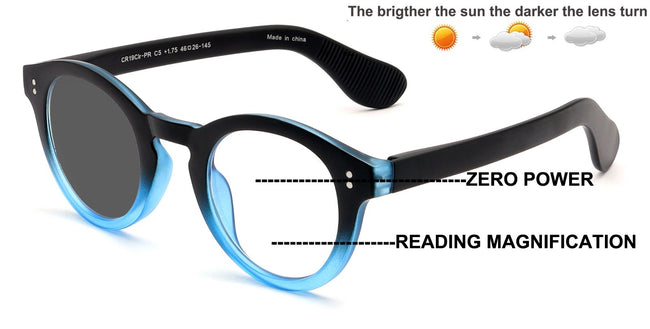 Round Photochromic Progressive Reading Glasses - Zero Power on Top - Anti Blue