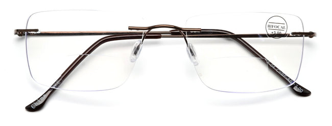 Men Rimless BIFOCAL Reading Glasses – Metal Frame – Anti-UV Blue Light Reader