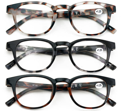 3 Pairs Round Keyhole Reading Glasses for Men & Women – Spring Hinge, Clear Lens