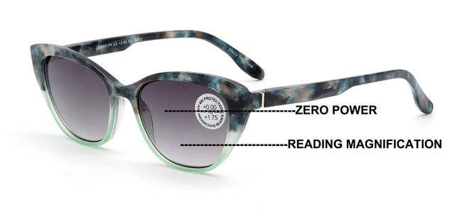 Women Progressive Reading Sunglasses - Tinted Cateye Reader - Zero Power on Top