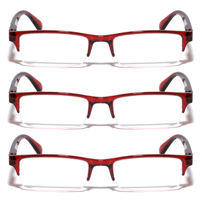 3 Pairs Rectangular Half Rim Reading Glasses - Simple Classic Clear Lens Reader - Vision World