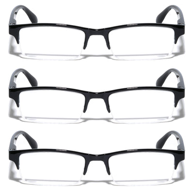 3 Pairs Rectangular Half Rim Reading Glasses - Simple Classic Clear Lens Reader - Vision World