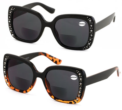 2 Pairs Women Bifocal Sunglasses Rhinestones Outdoor UV Protection Reading Glass - Vision World