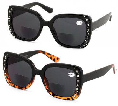 2 Pairs Women Bifocal Sunglasses Rhinestones Outdoor UV Protection Reading Glass - Vision World