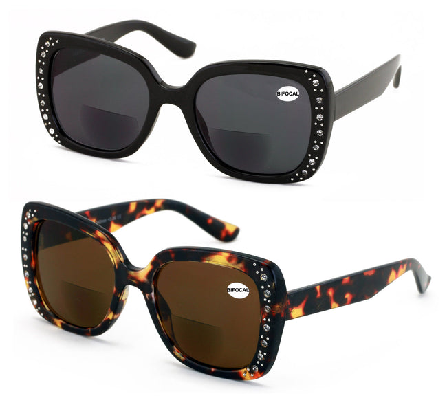 2 Pairs Women Bifocal Sunglasses Rhinestones Outdoor UV Protection Reading Glass - Vision World