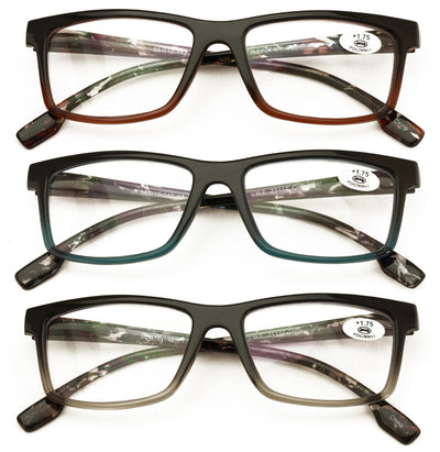 3-Pack Rectangular Reading Glasses for Men – with Mosaic Pattern Temples - Clear