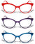3 Pairs Women Cateye Pointed Tip Reading Glasses Metal Temple Clear Readers Red