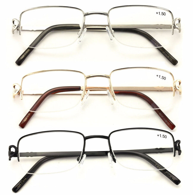 3 New Pairs of Fashion Metal Half Rim Designer Reading Glasses Unisex Smart Read - Vision World