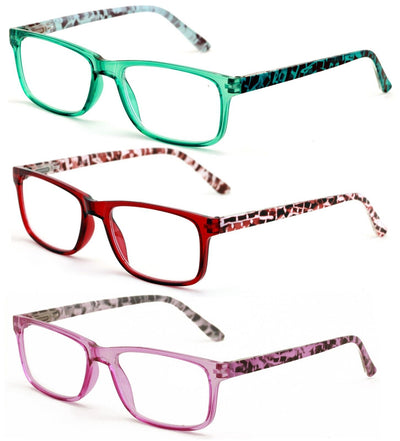 3 Pairs Lightweight Spring Hinge Tile Design Rectangular Reading Glasses - 7014